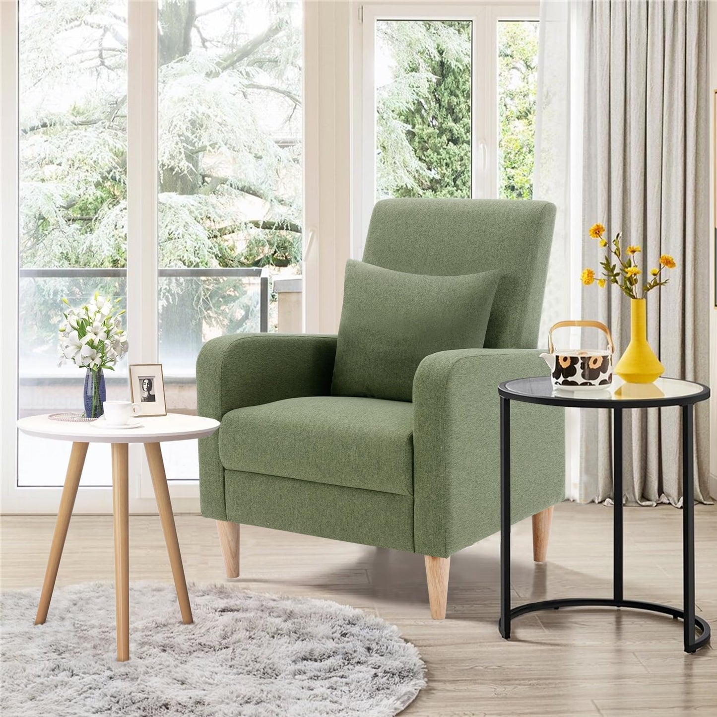 COLAMY Accent Living Room Chairs Set of 2, Upholstered Fabric Arm Chair Reading Side Chair with Back Pillow and Wood Legs, F-Green
