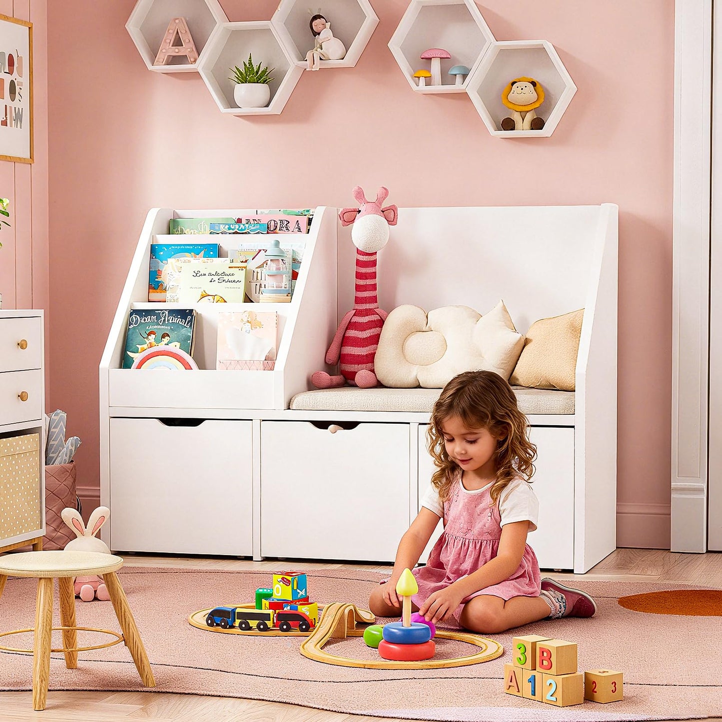 Teckid 40 Inch Kids Toy Organizer with Bookshelf, Cushioned Reading Bench, 3 Movable Drawers and Hidden Wheels, White
