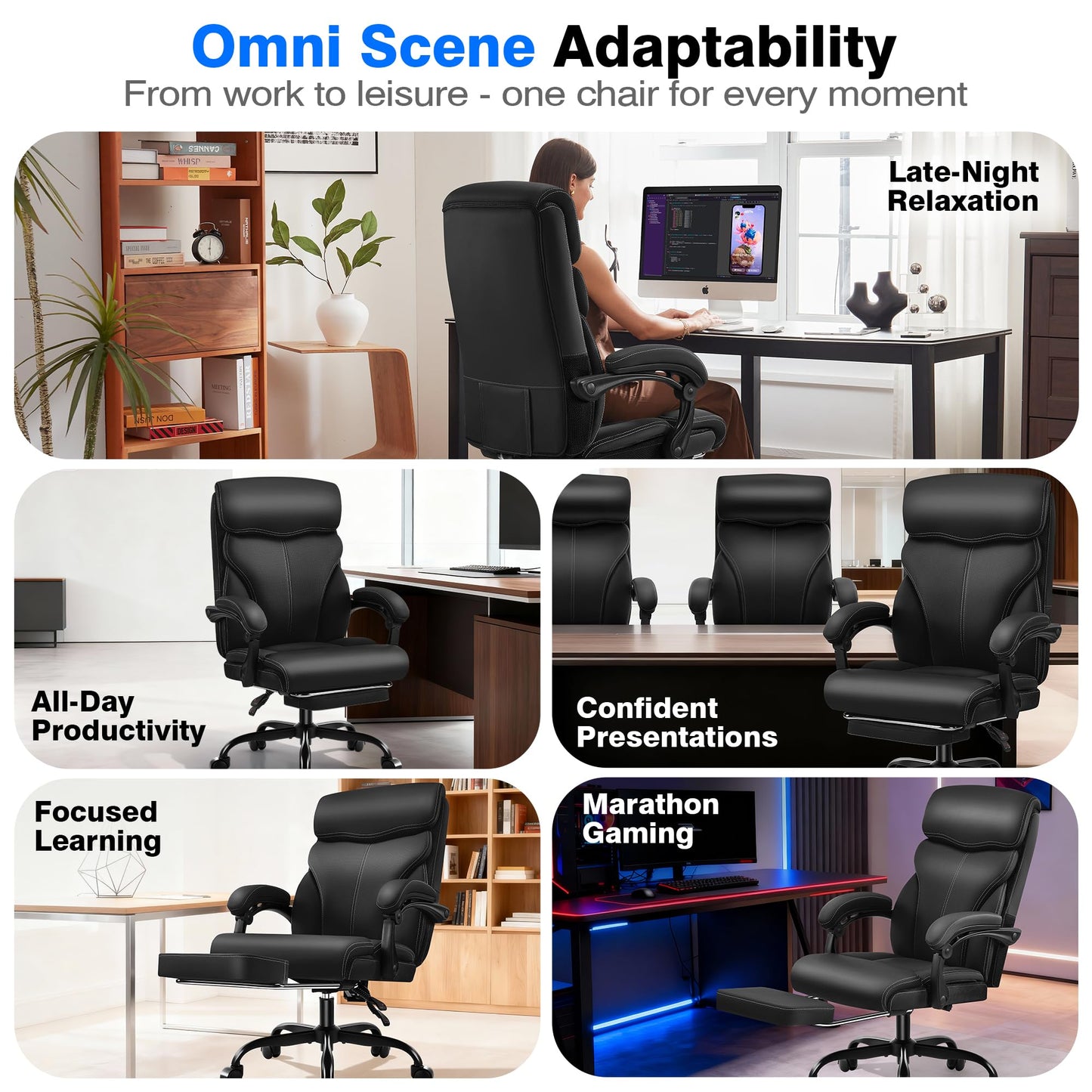 AreShark Office Chair - Ergonomic Comfortable High Back Computer Desk Chair with Foot Rest - Executive Breathable Swivel Rolling Reclining Leather Chair with Lumbar Support for Home Gaming Relaxing