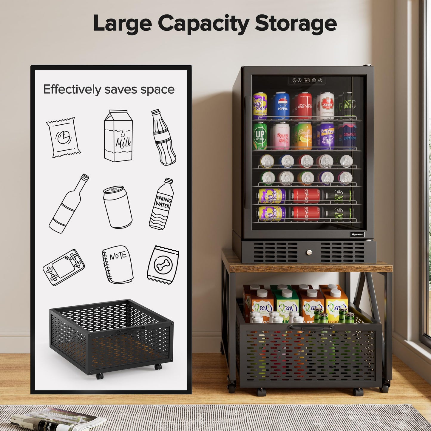 Urban Deco Mini Fridge Stand with Storage,Heavy Duty Fridge Cart with Drawer Basket,Mini Refrigerator Table for 220LBS,Mobile Fridge Stand with Swivel Wheels for Dorm,Home,Brown(Frame with Wheels)