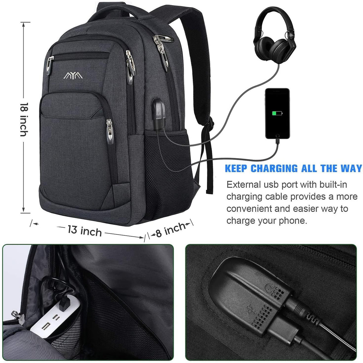 YAMTION School Backpack for Men Women Teen Boys,Bookbag Laptop Backpack with USB Port and Headphone Jack Water Resistant College SchoolBag for School Business Travel