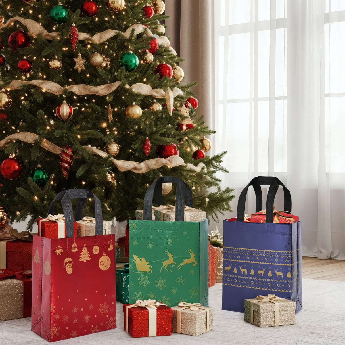 STYPOP 32 Pack 10" Christmas Gift Bags Medium Size with Tissue Paper, Reusable Non-Woven Christmas Tote Bags with Handles, Perfect for Holiday Gift Wrap/Party Favor Supplies, 10.2" Ć 8.3" Ć 4"
