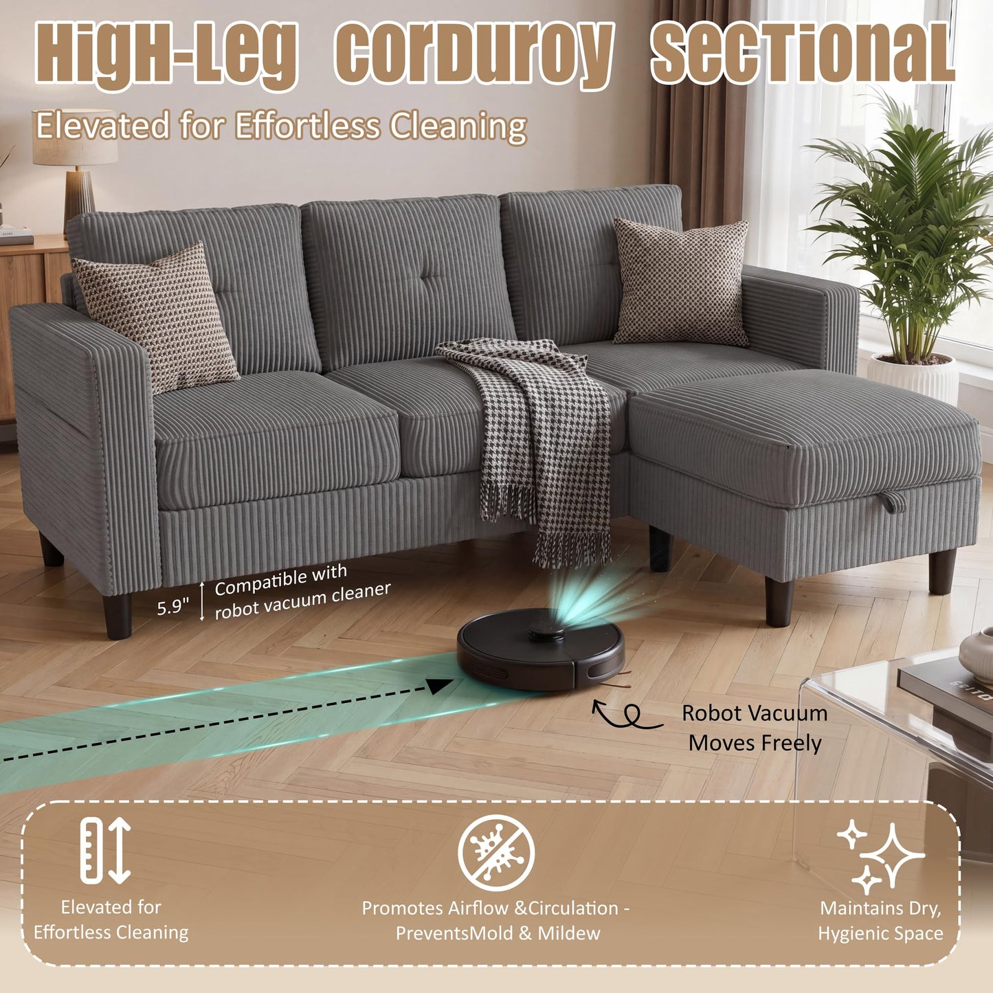 Convertible Sectional Sofa with Storage Ottoman, 77” L-Shaped 3-Seat Couch with Skin-Friendly Corduroy Fabric, Reversible Small Sectional for Small Space, Apartment, Living Room and Office(Dark Grey)