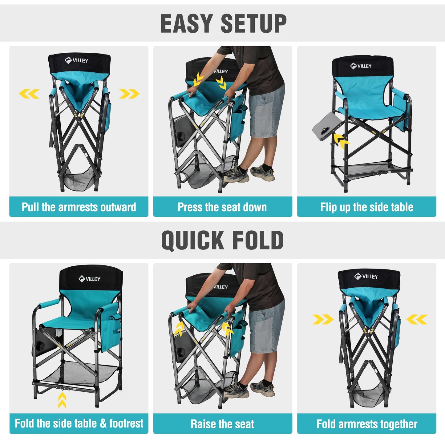VILLEY Tall Directors Chair, Folding Camping Chairs, Makeup Artist Chair with Foot Rest, 900D Fabric for Tailgating Camp Lawn Picnic Fishing Beach, Supports 350 LBS, Blue