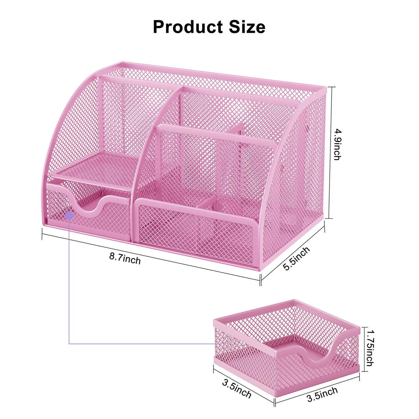EasyPAG Mesh Desk Organizer with Drawer Multi-functional Pen Holder Stationery Organizer for Office School Supplies 6 Compartments Dorm Organizers and Storage for Desk, Light Pink
