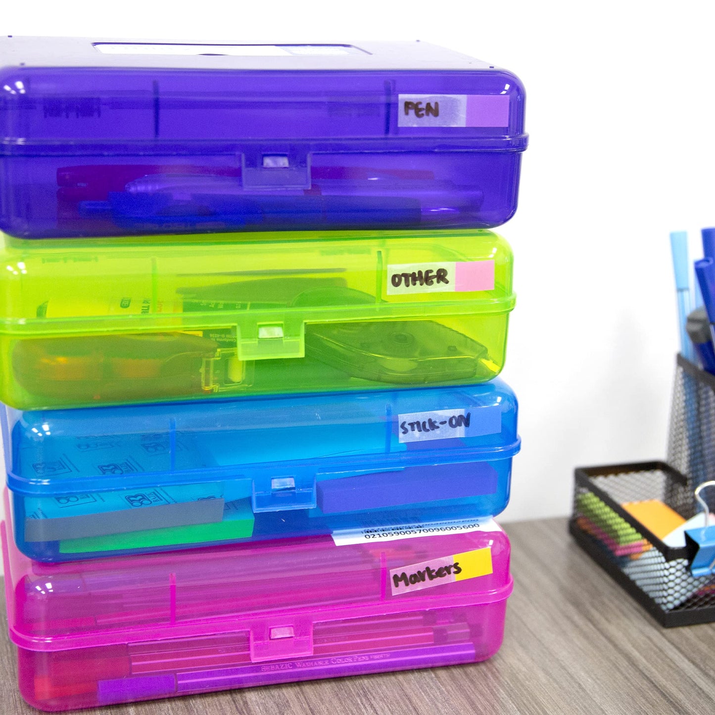 BAZIC PRODUCTS Bright Color Utility Box, 8 x 5 1/4 x 2 3/8 in, for School Office Supplies, Set of 4