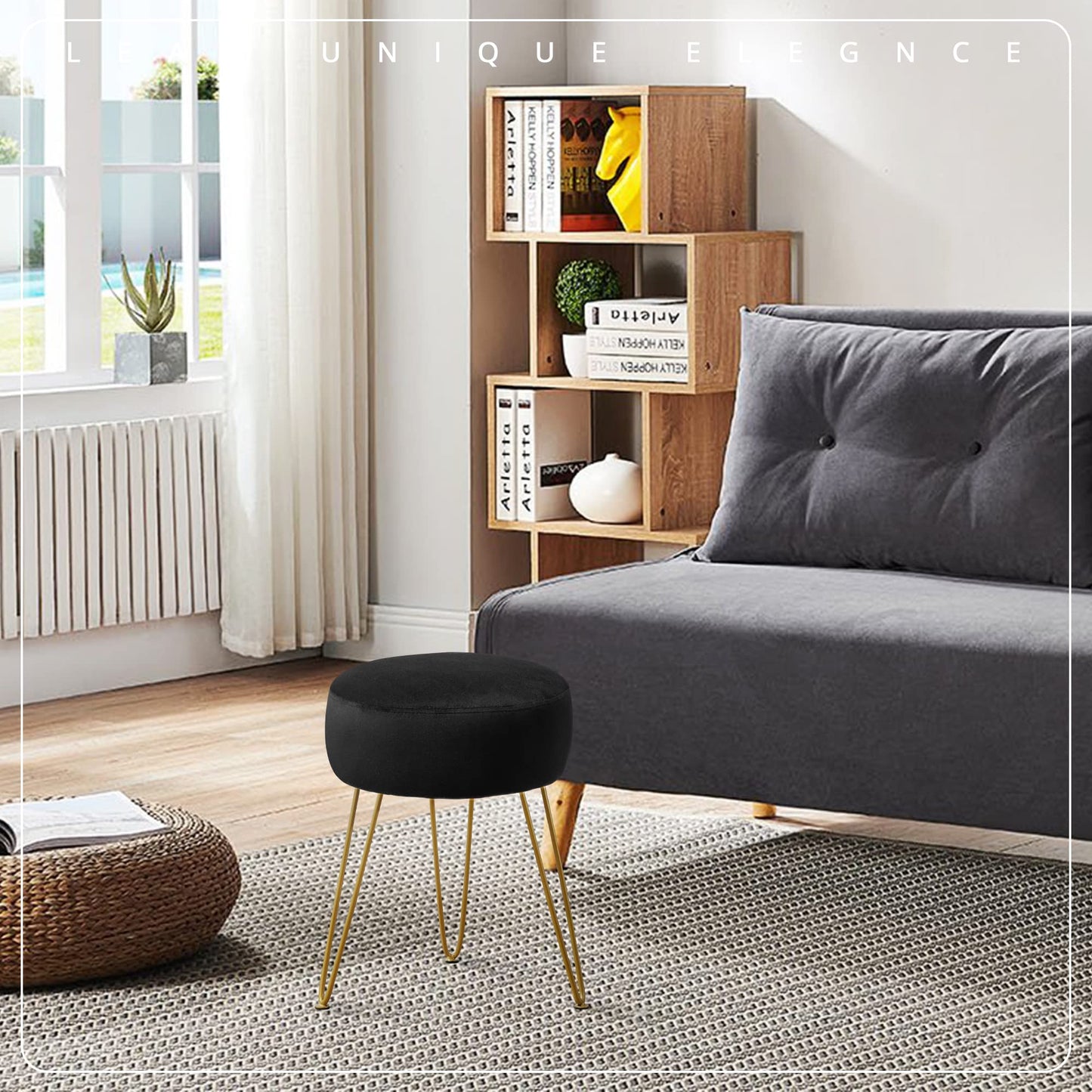 LUE BONA Vanity Stool, Black Vanity Stools for Makeup Room, Round Ottoman Foot Stool, Velvet Footrest Vanity Chair for Bathroom Vanity, Bedroom, Living Room, Entryway, Offices