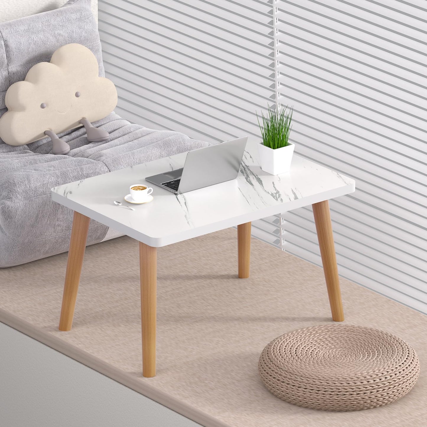 Coffee Table, 23.6" Small Oval Coffee Tables for Small Space with 4 Solid Wood Leg, Floor Table Desk for Sitting on The Floor, Side Table Japanese Low Table for Living Room Apartment, Rectangle White