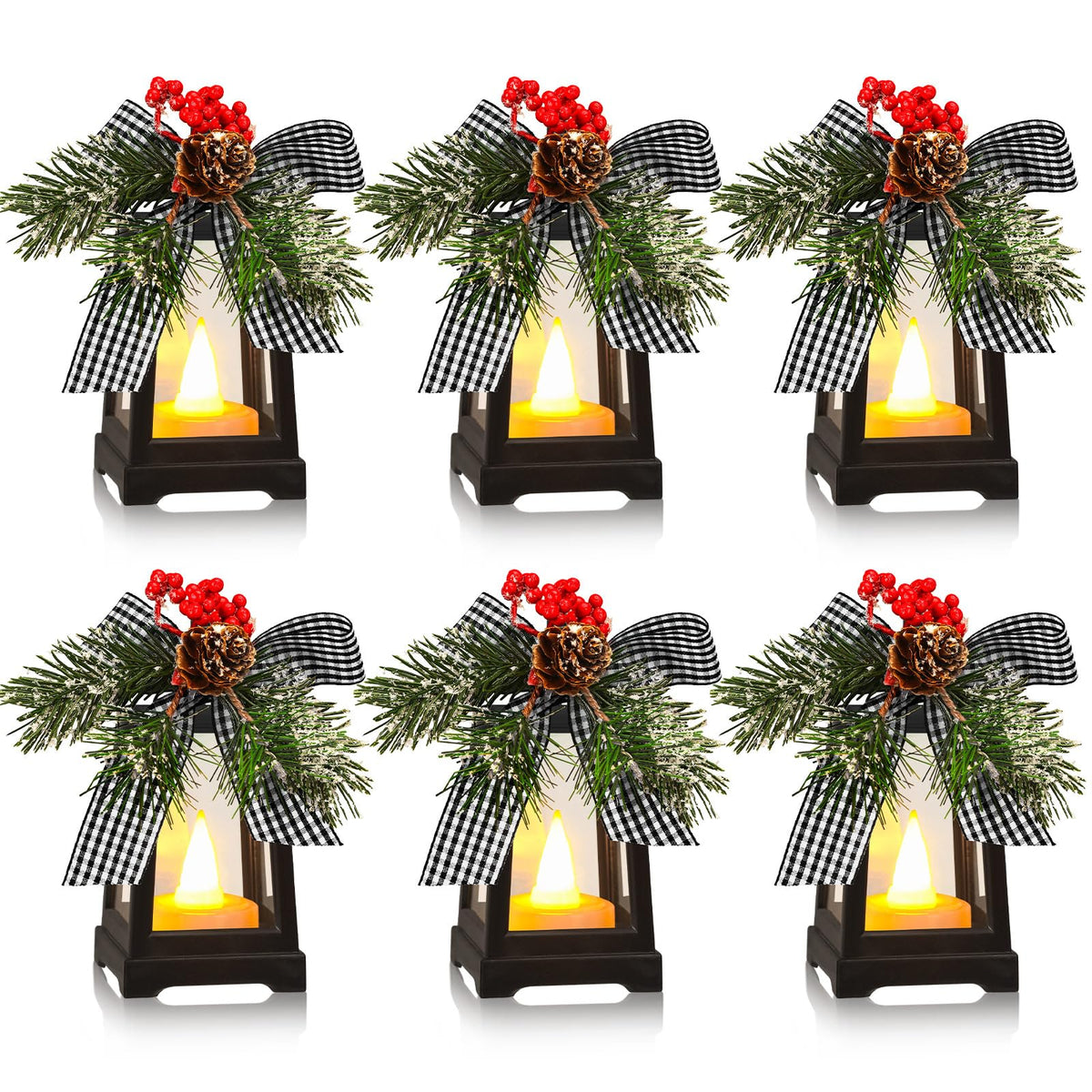 Set of 6 Christmas Mini Decorative Lanterns with Flickering LED Flameless Candle Hanging Lantern Decoration Bulk with Buffalo Plaid Bow Battery Included for Xmas Party (Black and White Bow)