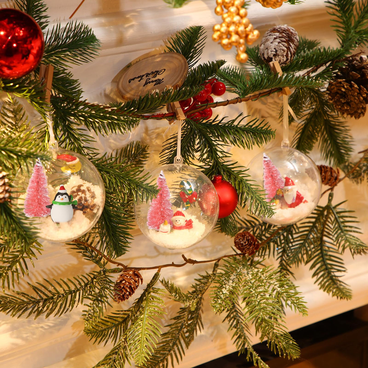 96 Pcs Miniature Ornaments for Snow Globe Kit DIY Christmas Village Decoration Christmas Figurines Mini Ornaments with Snowman Reindeer Santa Claus Snowflake(Pink)
