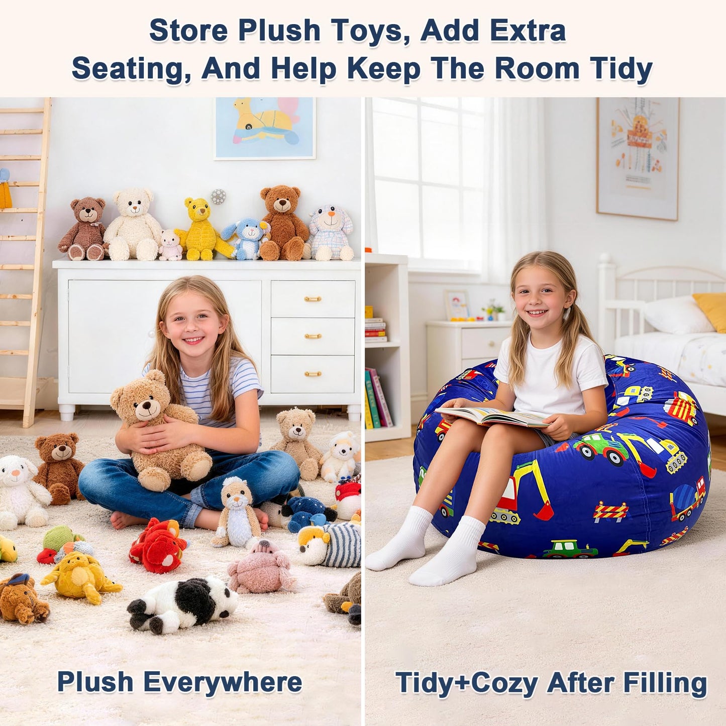 Lukeight Stuffed Animals Storage Bean Bag Chair Cover for Kids and Teens, Cozy Velvet Plush Toy Organizer Seat, Cover Only, No Filling Included, Long YKK Zipper, Side Pocket, XX-Large 36 x 20 in