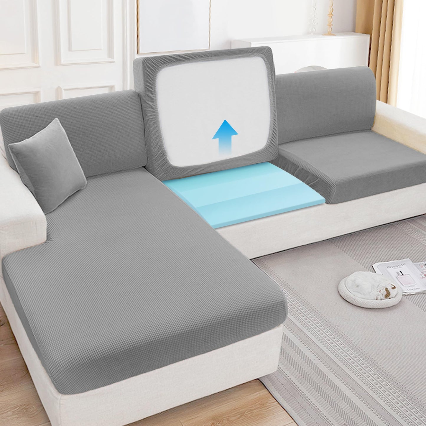 moonoom 22"x22" Couch Cushion Support, Blue Sofa Cushion Sagging Repair, Curved High Density Foam Replacement for Furniture Sagging Seat Sectional Loveseat Chair (3 Pcs)