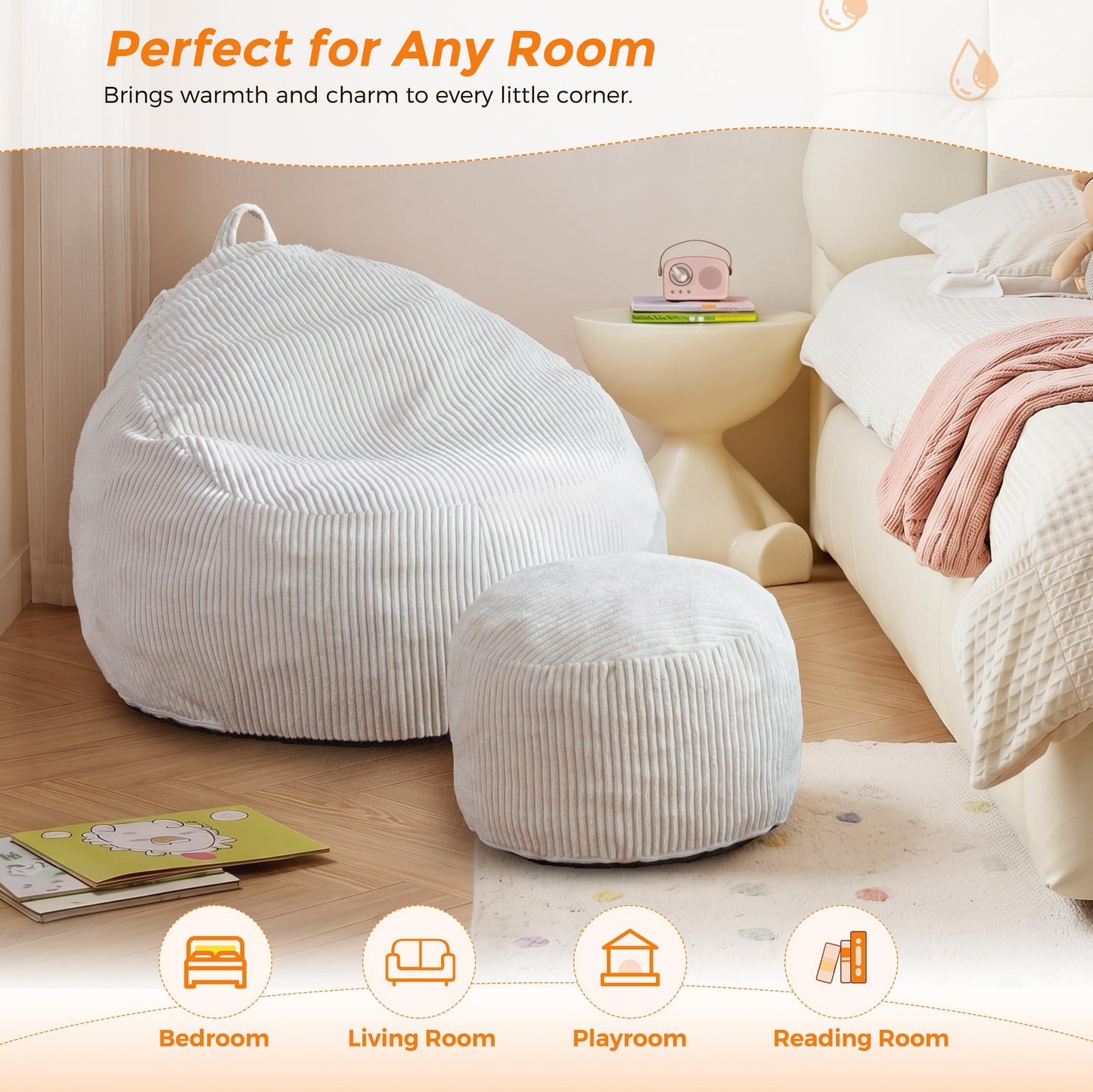MAXYOYO Kids Bean Bag Chair with Ottoman, Soft Plush Bean Bag Sofa with Removable Cover for Boys and Girls, Convenient Floor Seat with Handle, Comfy Toddler Lounge Chair for Playroom, Bedroom, Beige