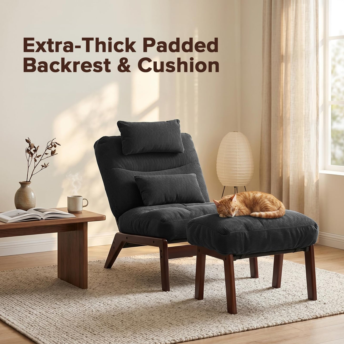 GEMBED Accent Chair with Ottoman Adjustable Backrest, Comfy Lounge Chair Single Sofa with Headrest Lumbar Pillow, Reading Chair with Footrest for Bedroom, Living Room, Dark Grey