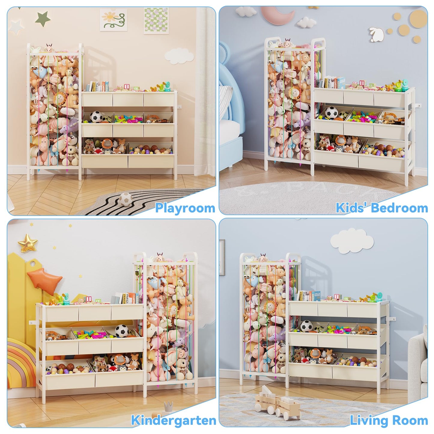 CYXPHION B6 Toy Storage Organizer with Stuffed Animal Storage, 3-Tier Wooden Shelves and 8 Bins, Toy Shelf Organizer, Kids Bookshelf and Toy Storage for Kids Room, Bedroom, Playroom, Nursery, White