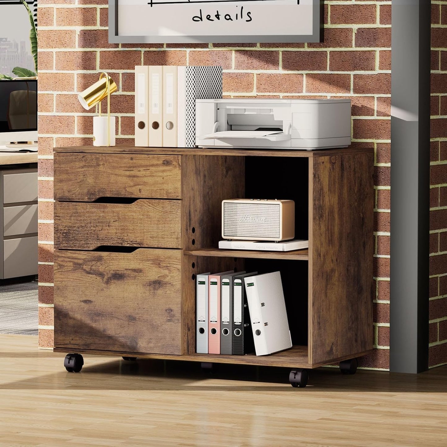 UOCFYK File Cabinet with 3 Drawers, Mobile Lateral Filing Cabinet with Open Storage Shelves for Home Office Under Desk Storage, Brown