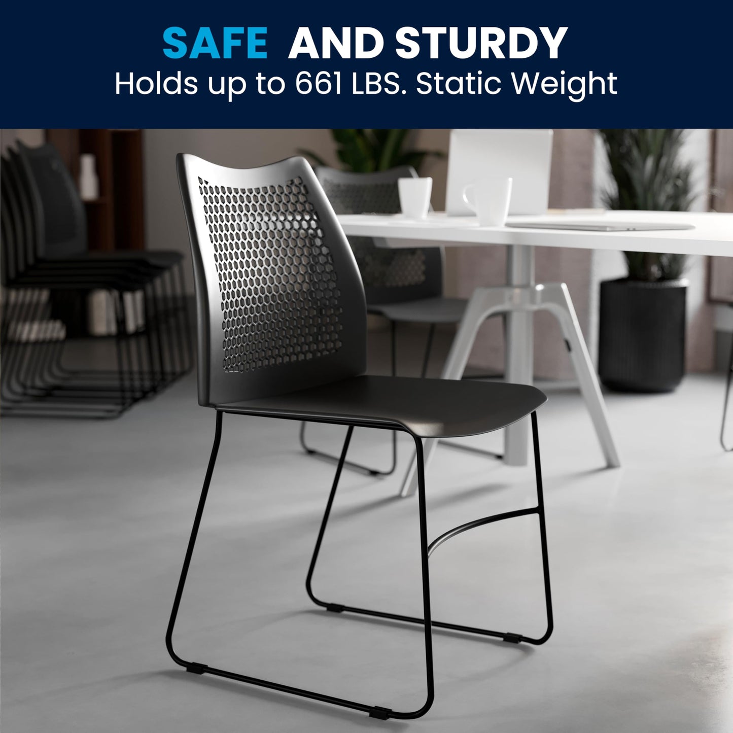 Flash Furniture Hercules Series Contoured Lobby Chairs with Air-Vent Honeycomb Backs, Ergonomic Stacking Chairs for Offices, Set of 5, Black