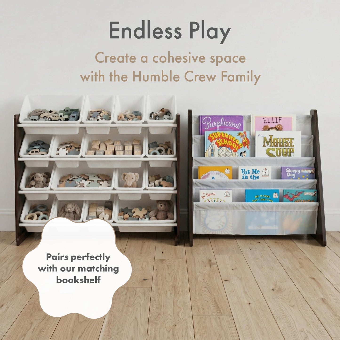 Humble Crew Toy Storage Organizer with 16 Removable Storage Bins for Kids Playroom, 4-Tier Toddler Toy Organization and Storage, Espresso/White