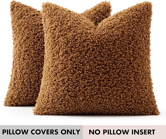 Faux Fur Throw Pillow Covers 18x18 Inch Set of 2 Boucle Neutral Decorative