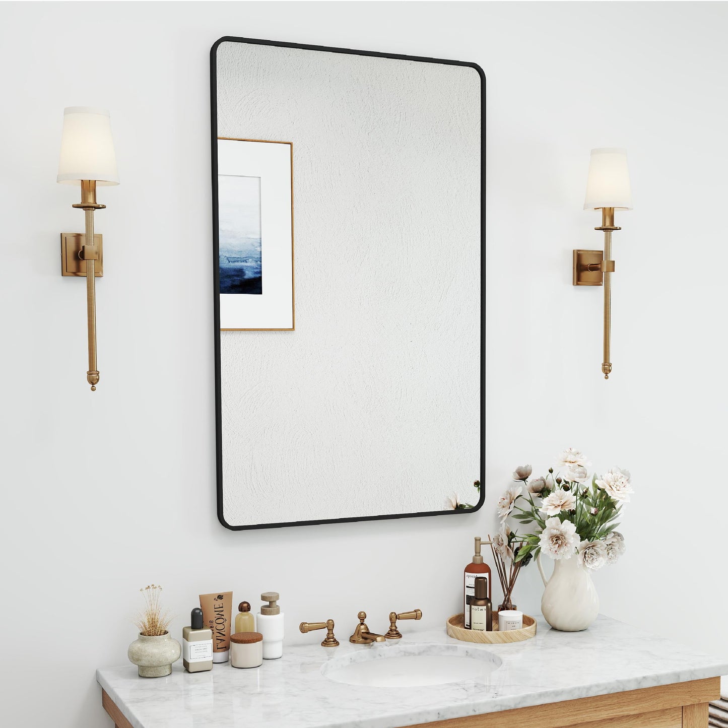 SCWF-GZ 24x36 Mirror Vanity Bathroom Wall Mounted Aluminum Alloy Metal Frame Dressing Round Rectangle Mirrors for Entryway Bedroom Living Room Horizontally or Vertically 36x24 inch Black