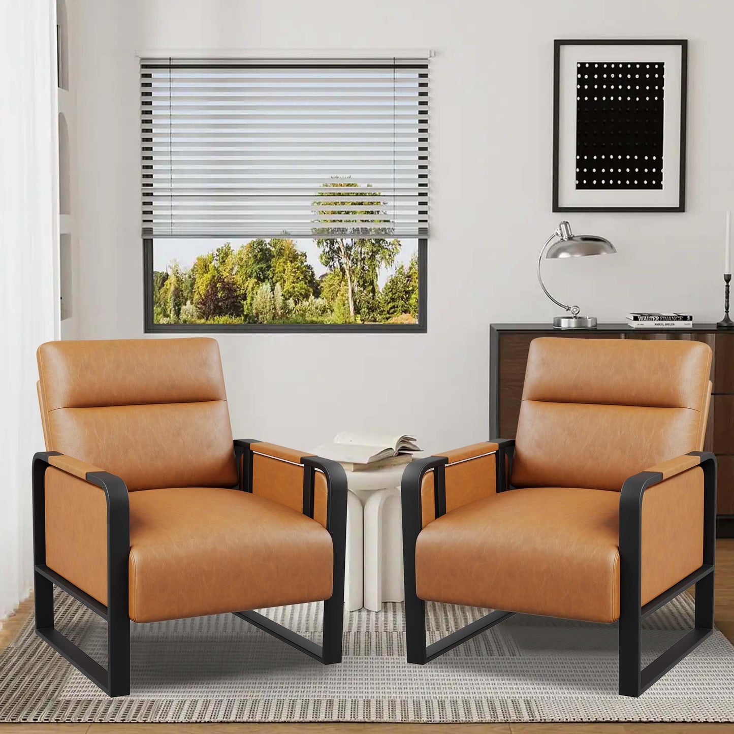 Apeaka Modern Brown Accent Chair PU Leather Upholstered Armchair with Foldable Side Table for Bedroom Living Room Chairs Office Chair