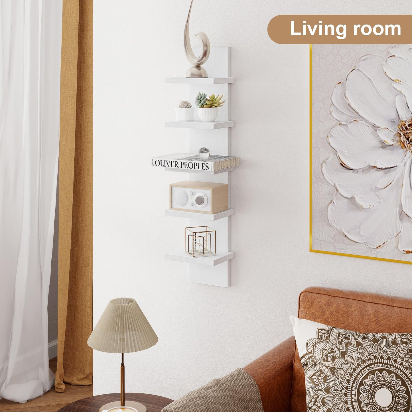 Fun Memories 5 Tier Wall Shelf Unit, White Floating Shelves for Storage - Vertical Column Tower Design, Lack Wall Shelf Space Saving Organizer for Bedroom, Living Room, Home Decor