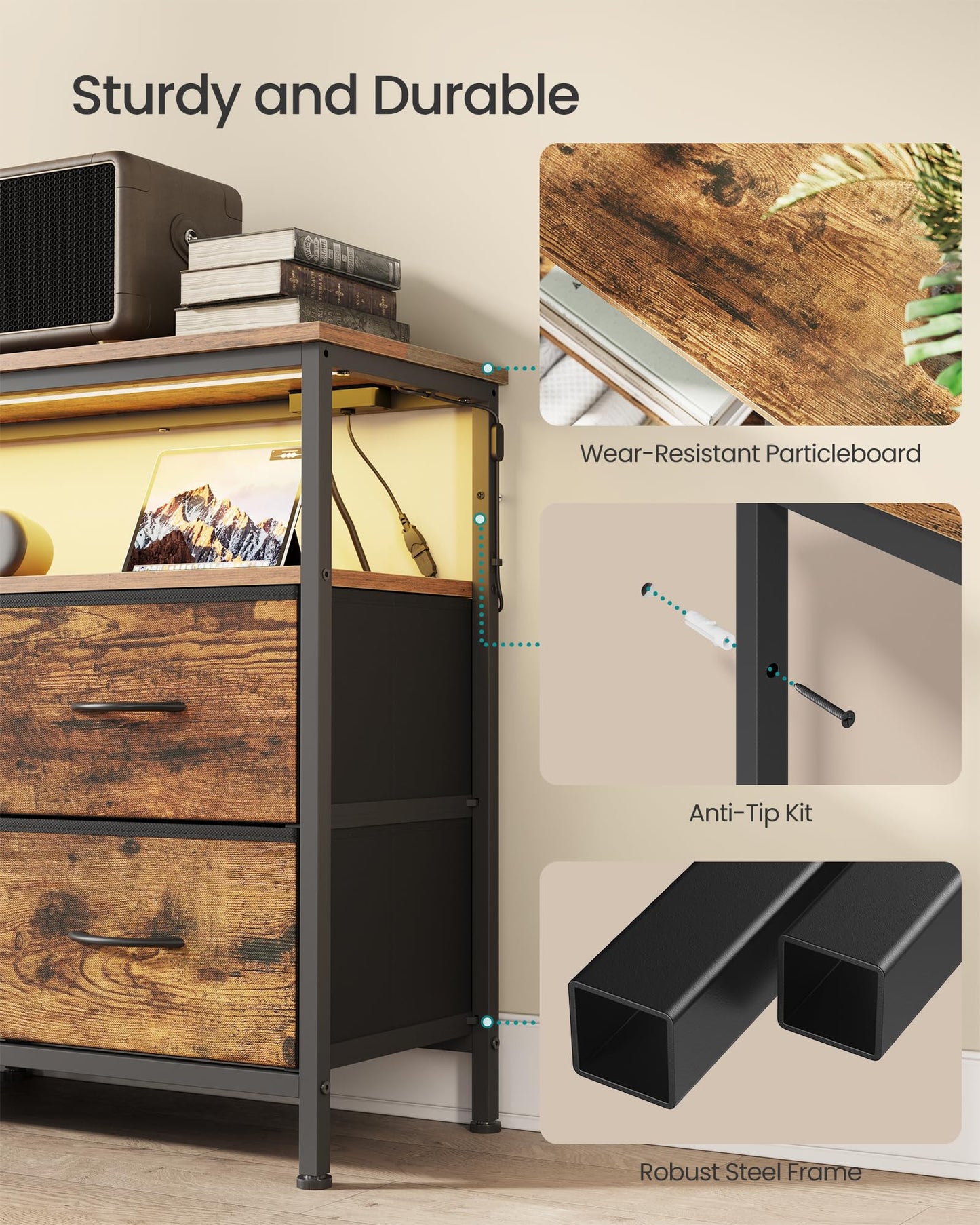 SONGMICS BELLAH Collection - Dresser for Bedroom, Chest of Drawers, TV Stand for TVs Up to 55 Inches, Living Room, Closet, 6 Drawers and 1 Shelf, Industrial, Rustic Brown and Ink Black ULGS833KD02S