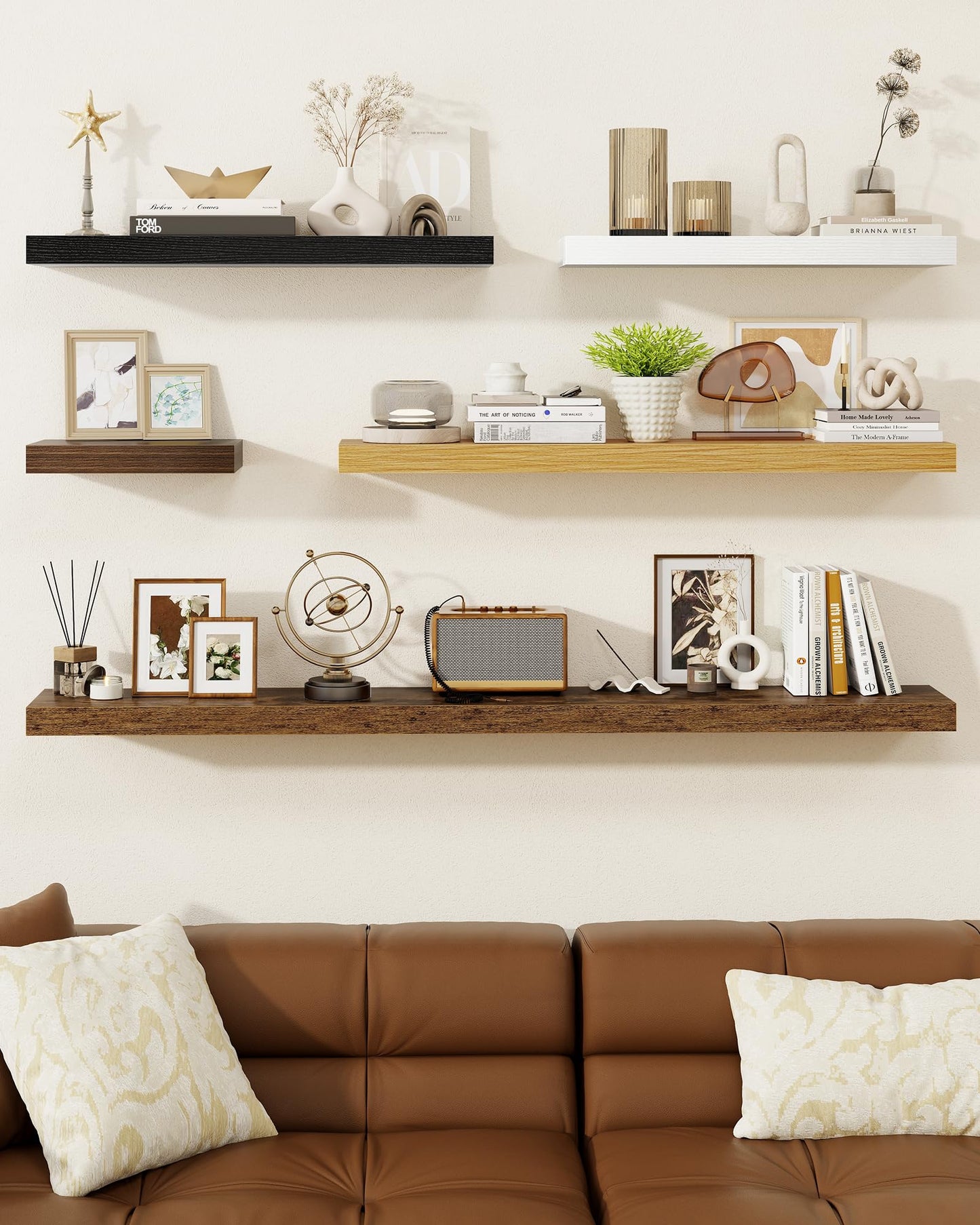 Marsmiles 16" Floating Shelves for Wall, Wooden Shelves with Invisible Brackets Set of 2, Rustic Farmhouse Wall Mounted Shelf for Kitchen Bathroom Living Room Study, White