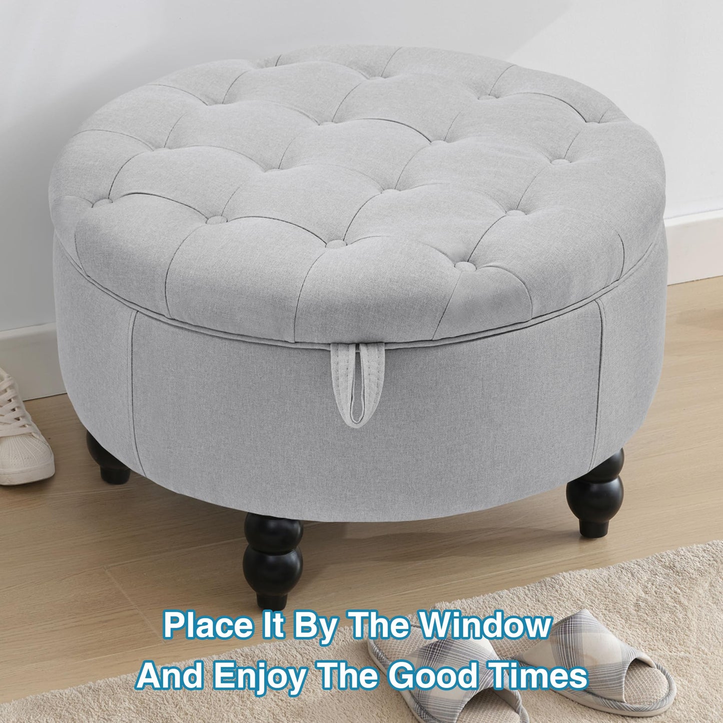 UDAX 30 Inch Round Ottoman with Storage, Tufted Linen Storage Bench for Bedroom, Living Room & Entryway, Modern Upholstered Coffee Table with Wooden Black Legs, Light Grey