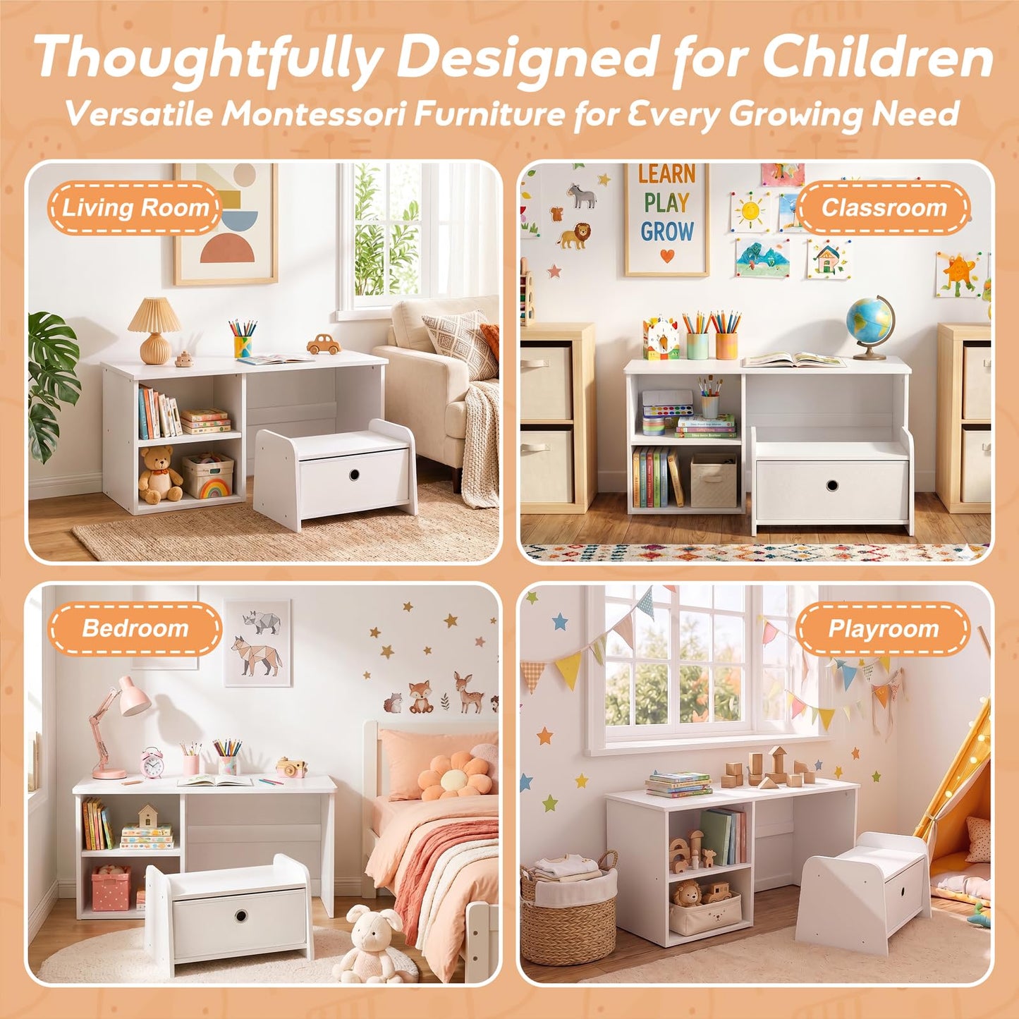 Faesun 3-in-1 Toddler Bookshelf, Montessori Bookshelf with Bench, Bookshelf for Kids with Reading Nook & Toy Organizers & Storage, Book Shelf for Kids Rooms, Nursery, Playroom, Bedroom, White