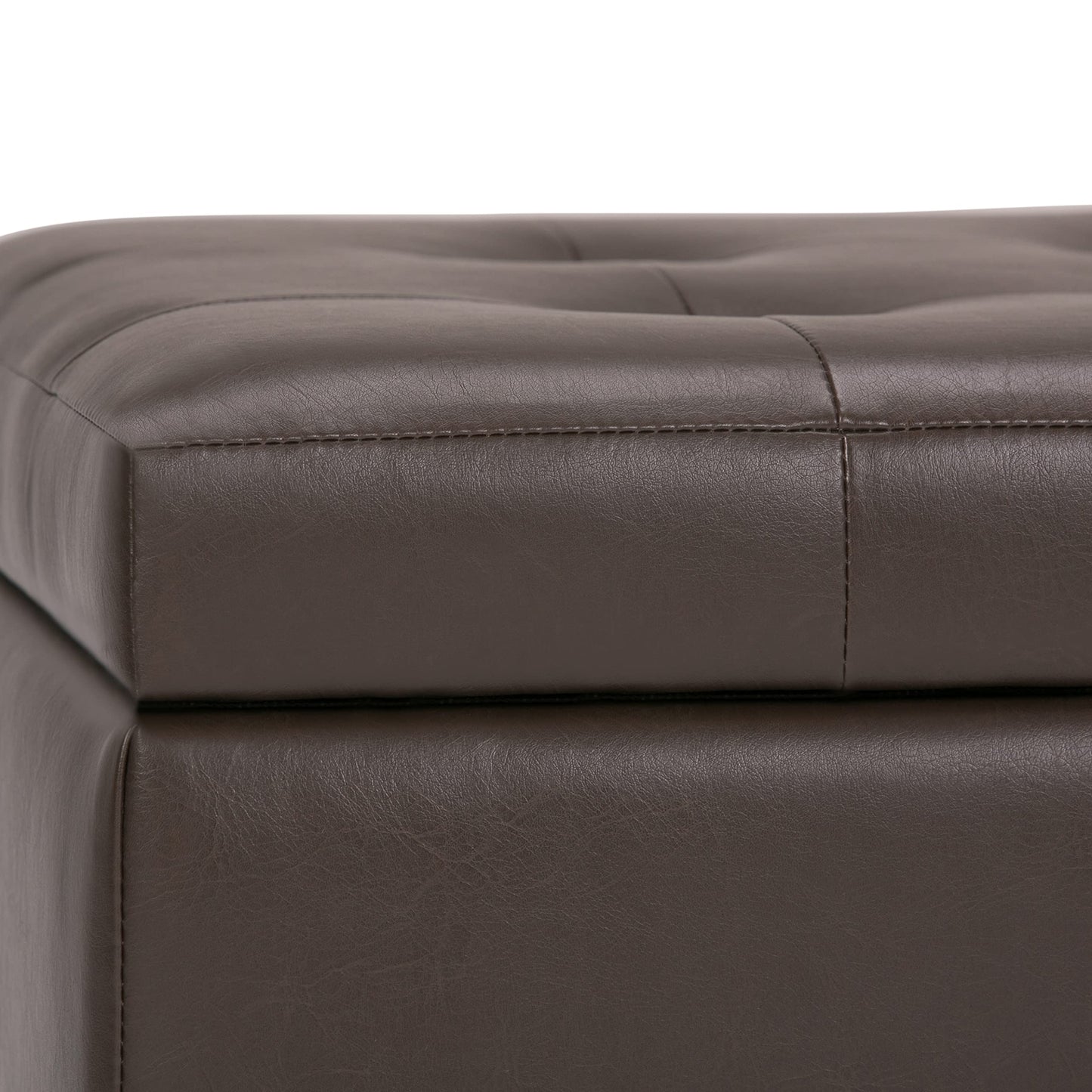 SIMPLIHOME Cosmopolitan Storage Ottoman - 34 inch Wide Upholstered Vegan Leather Rectangle Storage Ottoman Bench in Chocolate Brown, Transitional Tufted Ottoman for Living Room with Lift-Up Lid