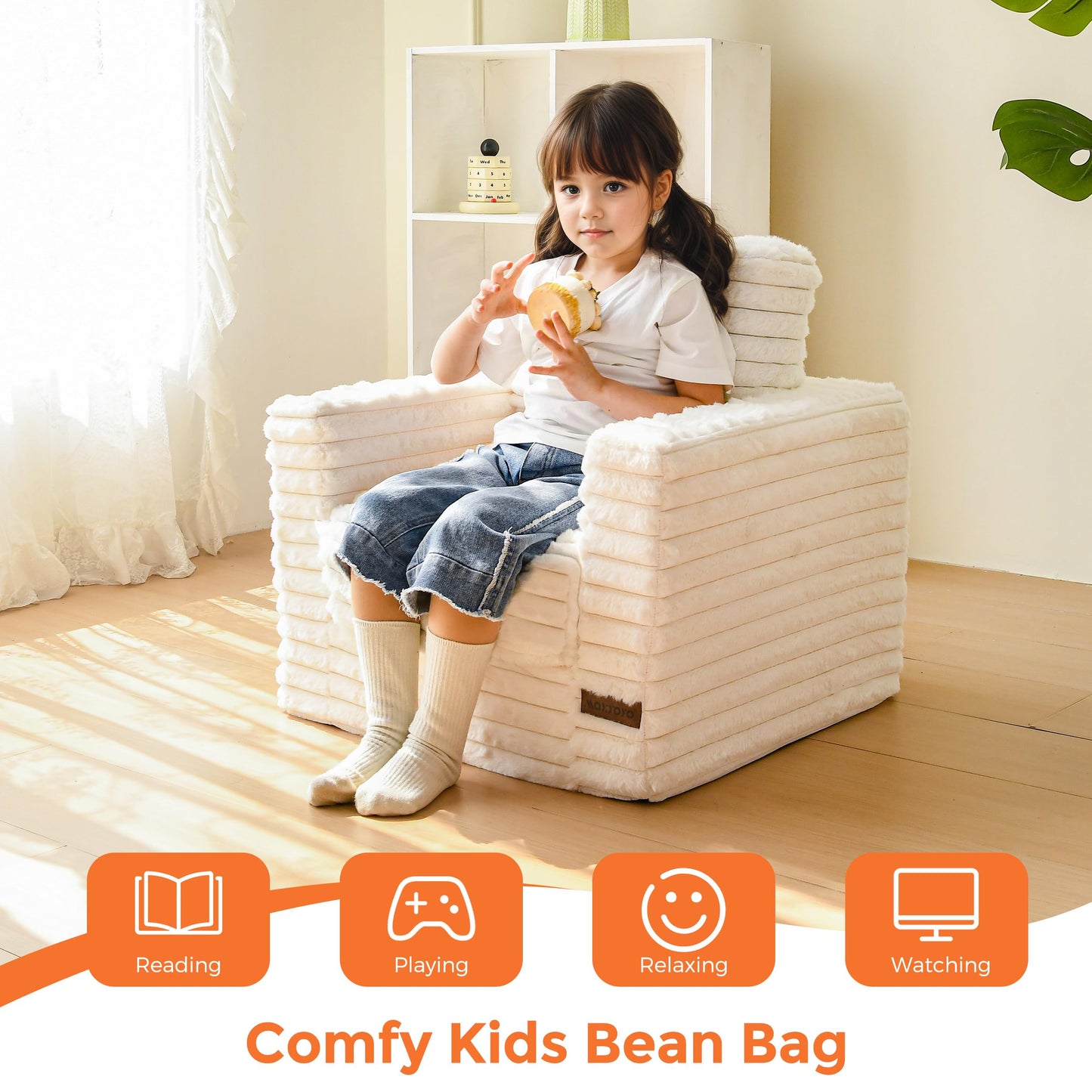MAXYOYO Kids Bean Bag Chair, Comfy Faux Fur Bean Bag Sofa with Filler, Upholstered Floor Sofa with Pillows and Armrests, Lazy Floor Chair Couch for Boys and Girls, Beige