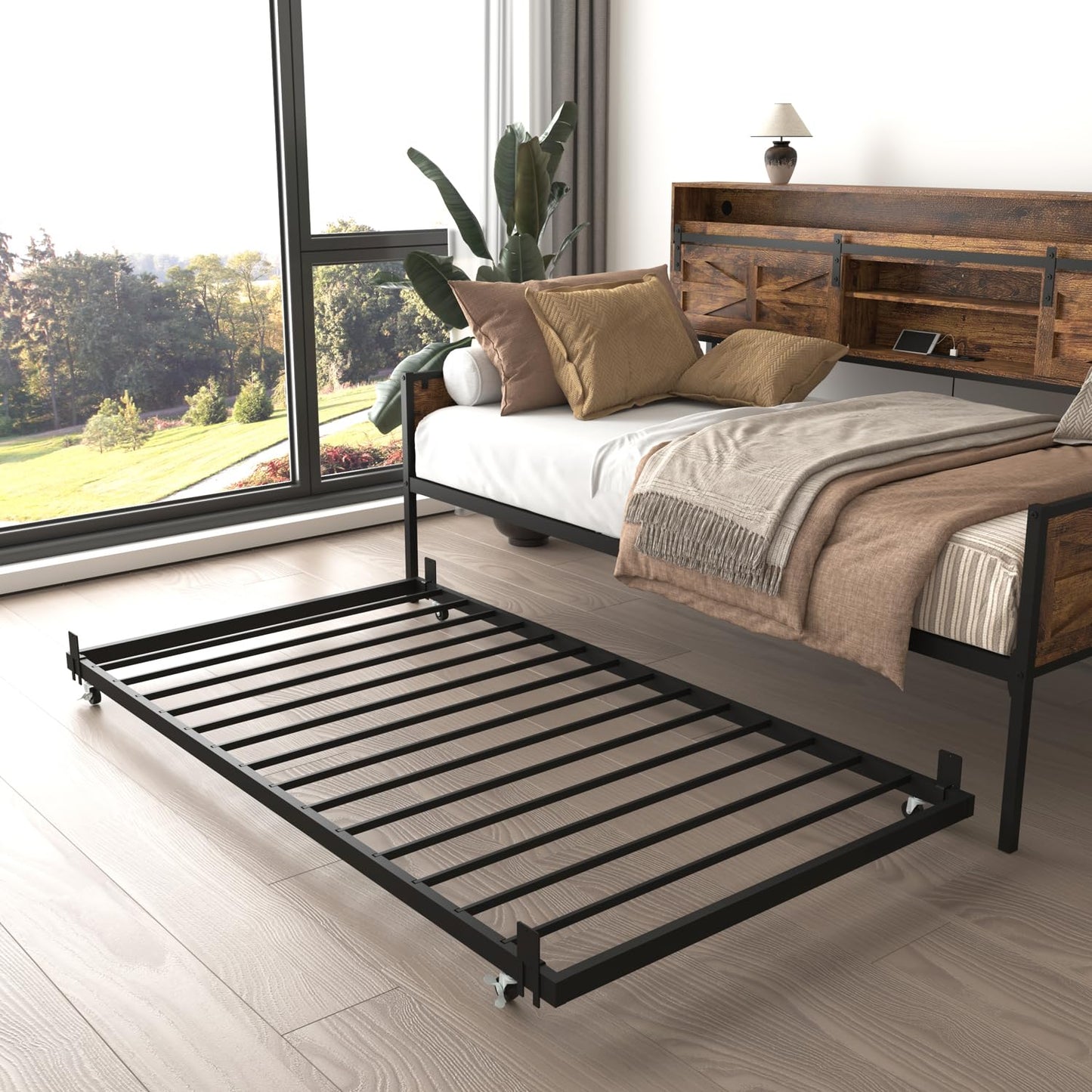 Daybed with Trundle and LED Lights, Metal Twin Bed Frame with Sliding Barn Door Headboard & Charging Station, Day Bed Pop Up Trundle Bed for Living Room Bedroom Guest Room (Black+Brown, Twin)