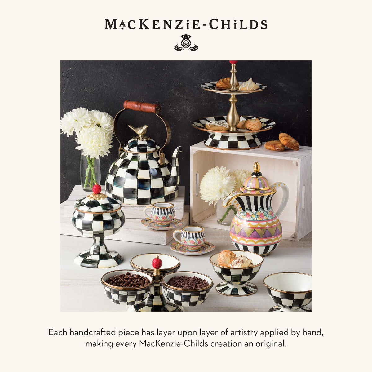 MACKENZIE-CHILDS Enamel Grinder, Refillable Manual Salt Grinder and Pepper Grinder, Black-and-White Courtly Check