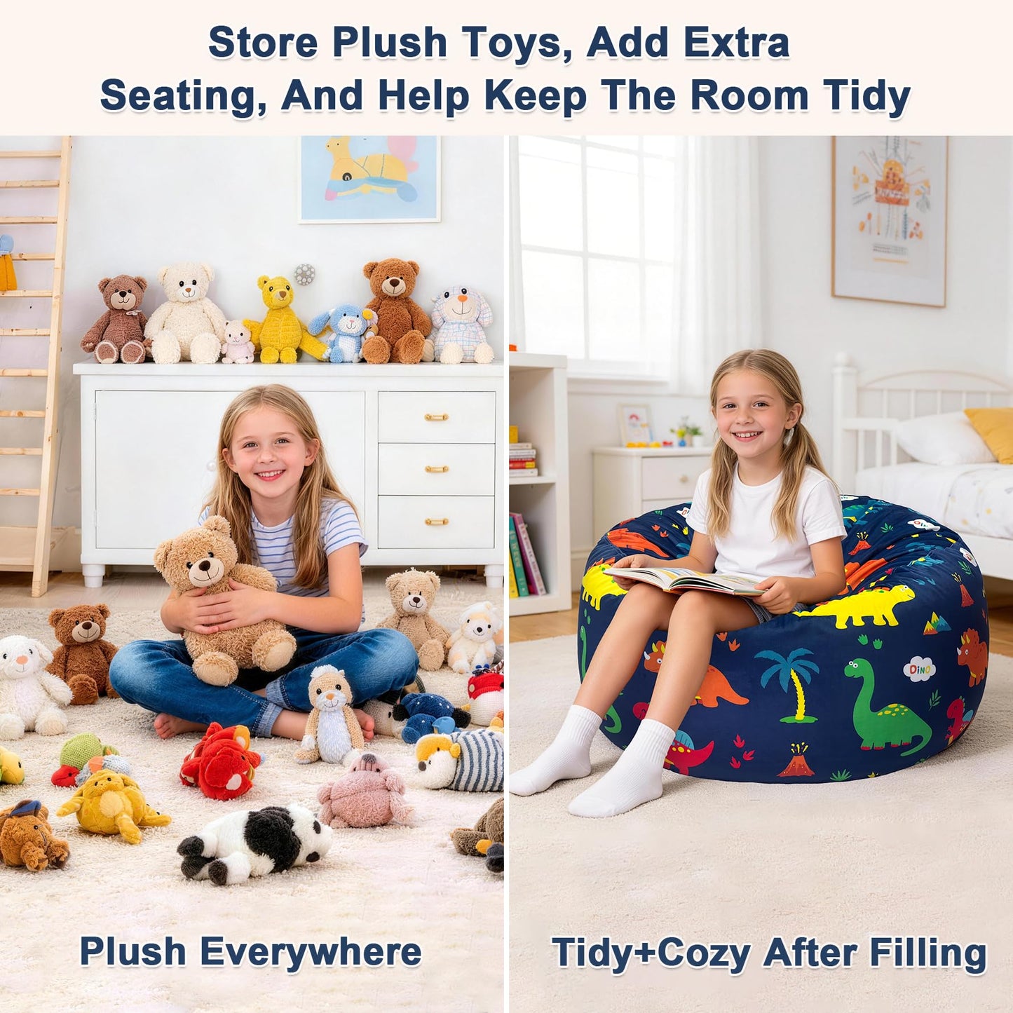Lukeight Dinosaur Stuffed Animals Storage Bean Bag Chair Cover for Kids Toddlers, Cozy Velvet Plush Toy Organizer Seat, Cover Only, No Filling Included, Long YKK Zipper, Side Pocket, Large 27 x 16 in