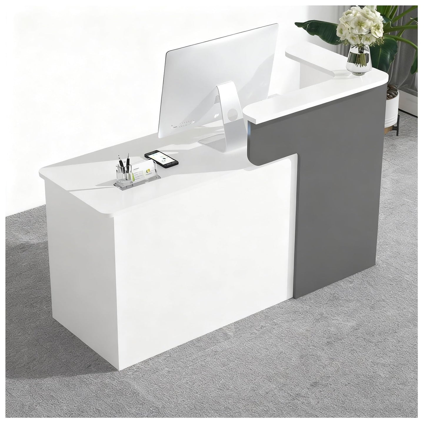 Modern Reception Desk with Lockable Drawers & Storage Cupboard, Curved Reception Desk with Lockable Drawers & Storage Cabinets Pre-drilled Cable Access High Load Capacity - Modern Gray Offic