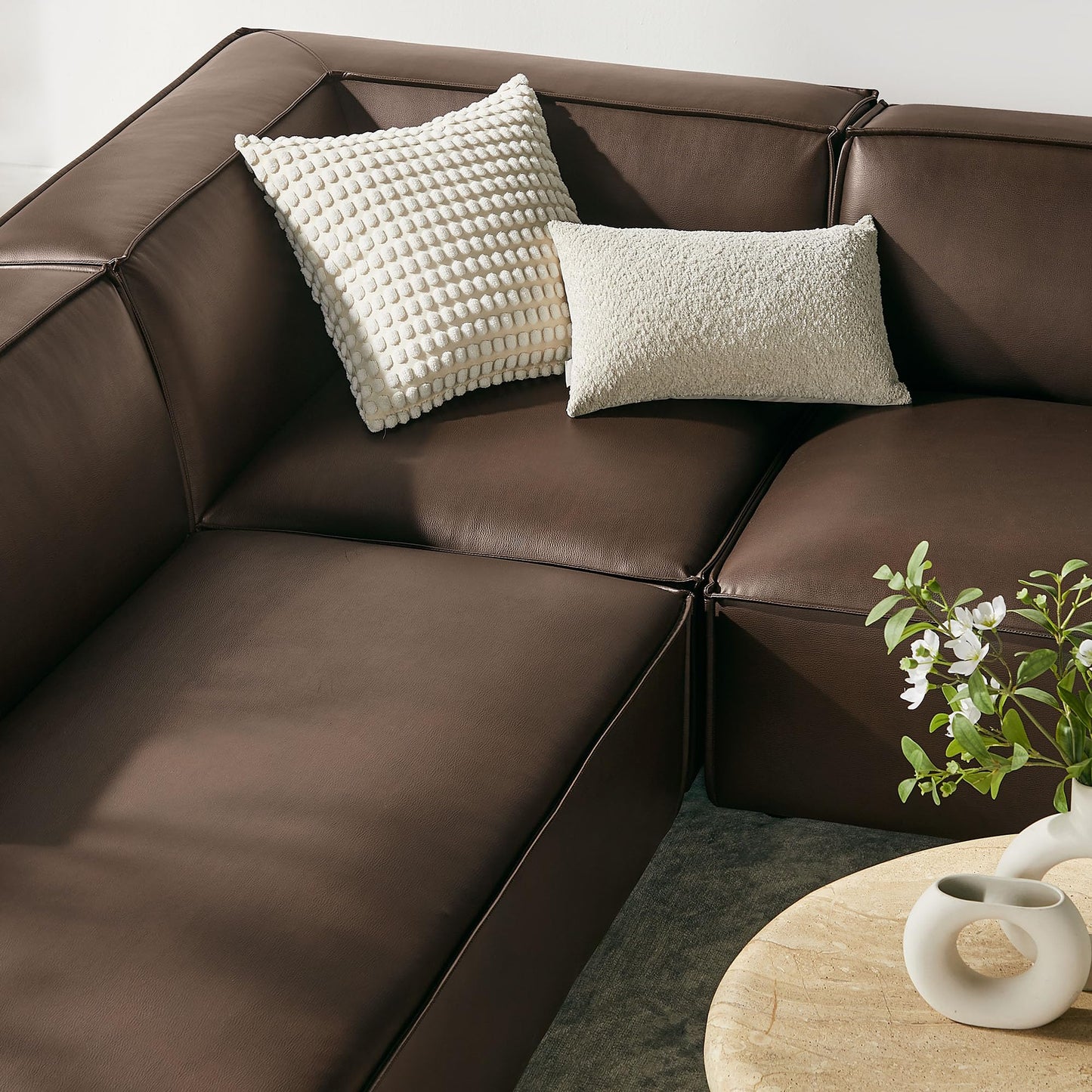 Modway Restore Faux Leather 6-Piece Modular U-Shaped Armless Sectional Sofa in Espresso – Vegan Leather Couch with Left-Facing Chaise, Right-Facing Armless Chaise, and Two Armless Chairs