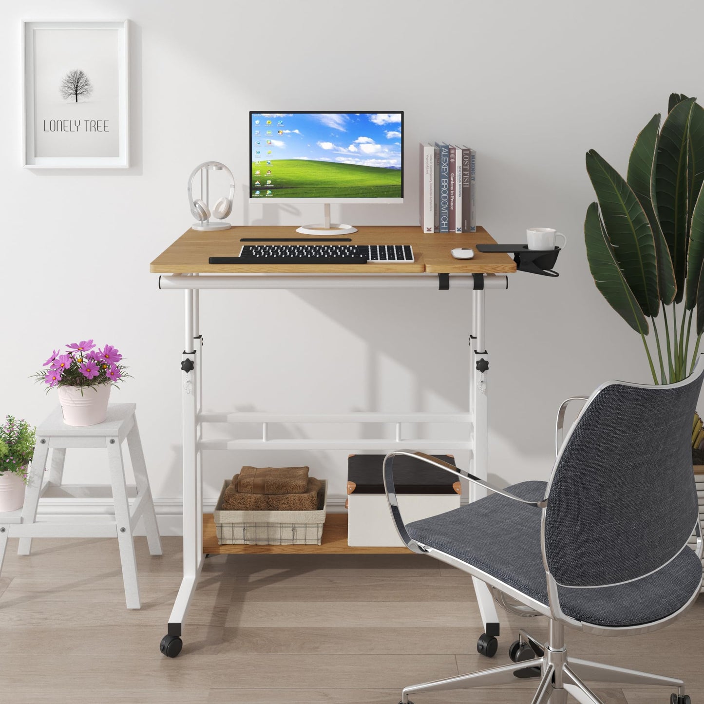 Mobile Standing Desk, Adjustable Rolling Computer Desk with 3 Desktops, Portable Laptop Table with Cup Holder, Home Office Laptop Workstation on Lockable Wheels,Khaki