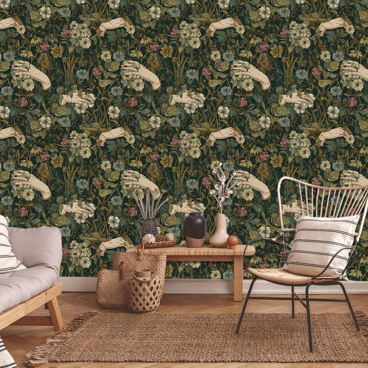 LHIUEM Gothic Flower and Hands Contact Paper Victorian Goth Hands Whimsical Wallpaper Dark Academia Peel Stick Wallpapers(17.3"×118") Boho Whisty Flowers Vintage Wallpaper for Room Wall Cabinet
