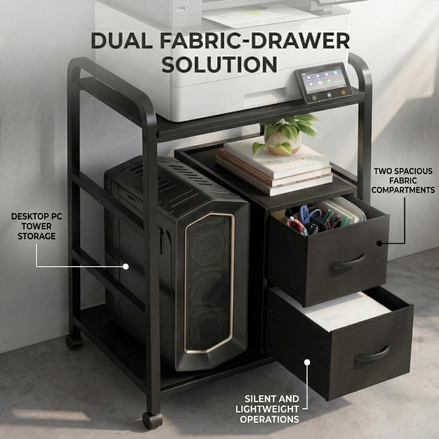 ZEXVIDA Printer Stand Featuring Fabric Drawers, Under Desk Host Computer Cabinet and Shredder Shelf, Heavy Duty Printer Stand with Storage Workstation Organization Printer Table for Home Office