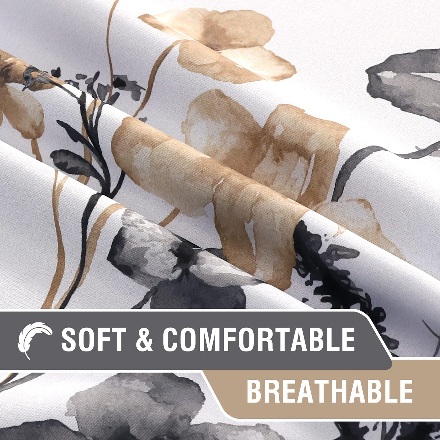 H.VERSAILTEX 100% Blackout Curtains for Bedroom Cattleya Floral Printed Drapes 63 Inches Long Leah Floral Pattern Full Light Blocking Drapes with Black Liner Rod Pocket 2 Panels, Grey/Taupe