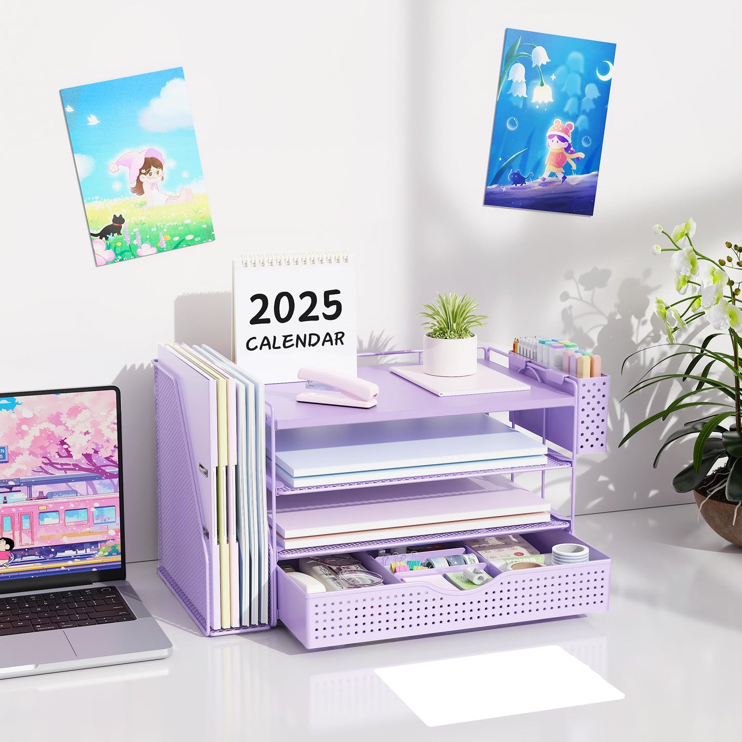 gianotter Wood Desk Organizers and Accessories with File Holder, 4-Tier Desk Accessories & Workspace Organizers with Drawer and Pen Holder, Desk Reference Organizer (Purple, 4T with Drawer)
