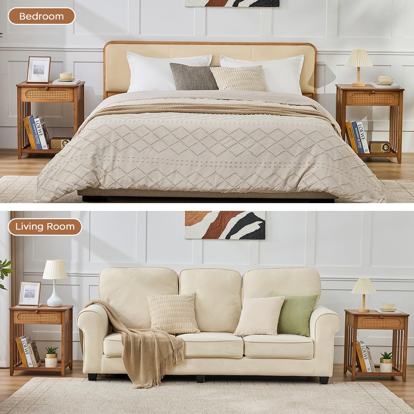oakvivo Night Stands Set of 2, Rattan Nightstands Bedside Table, 19.7" Wide Bamboo End Bed Tables with Drawer & Open Storage Shelf, Farmhouse Side Tables for Bedroom, Sofa, Small Space, Walnut