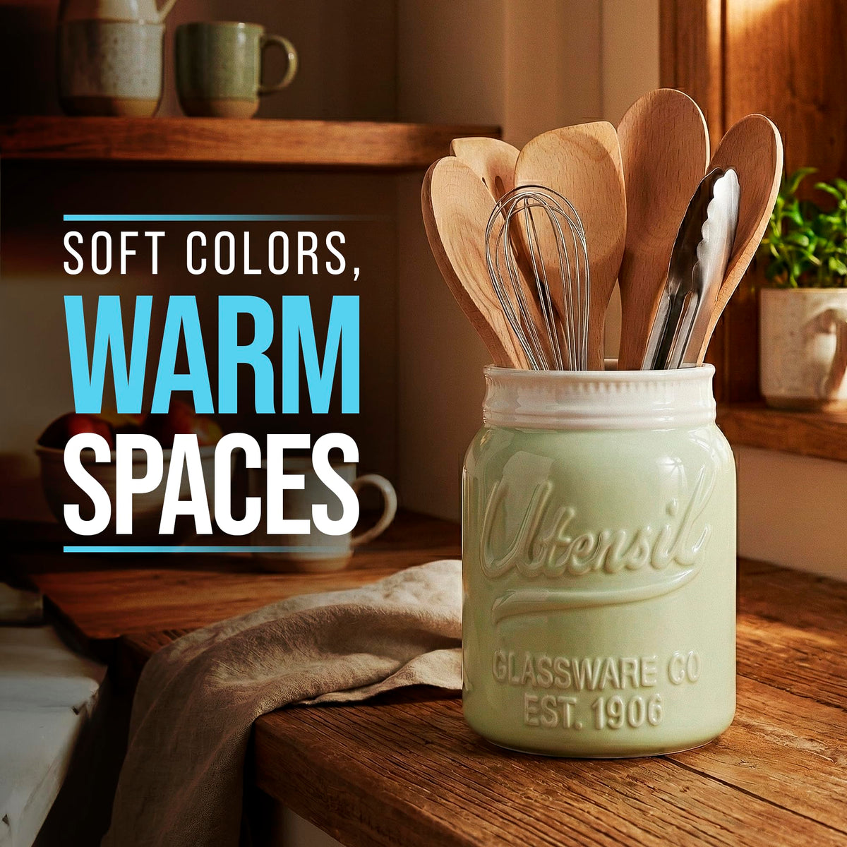 Comfify Green Mason Jar Utensil Holder – Wide Mouth Ceramic – Farmhouse