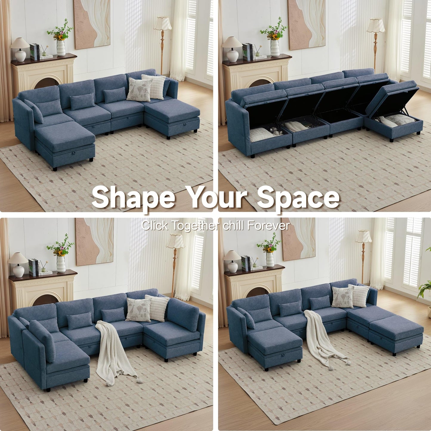 Korser 112" Modular Sectional Sofa with Storage, Sectional Couches for Living Room, Convertible Modular Sofa with Ottomans, U Shaped Comfy Couch with Chaise, Adjustable Backrest, 6 Seats, Blue