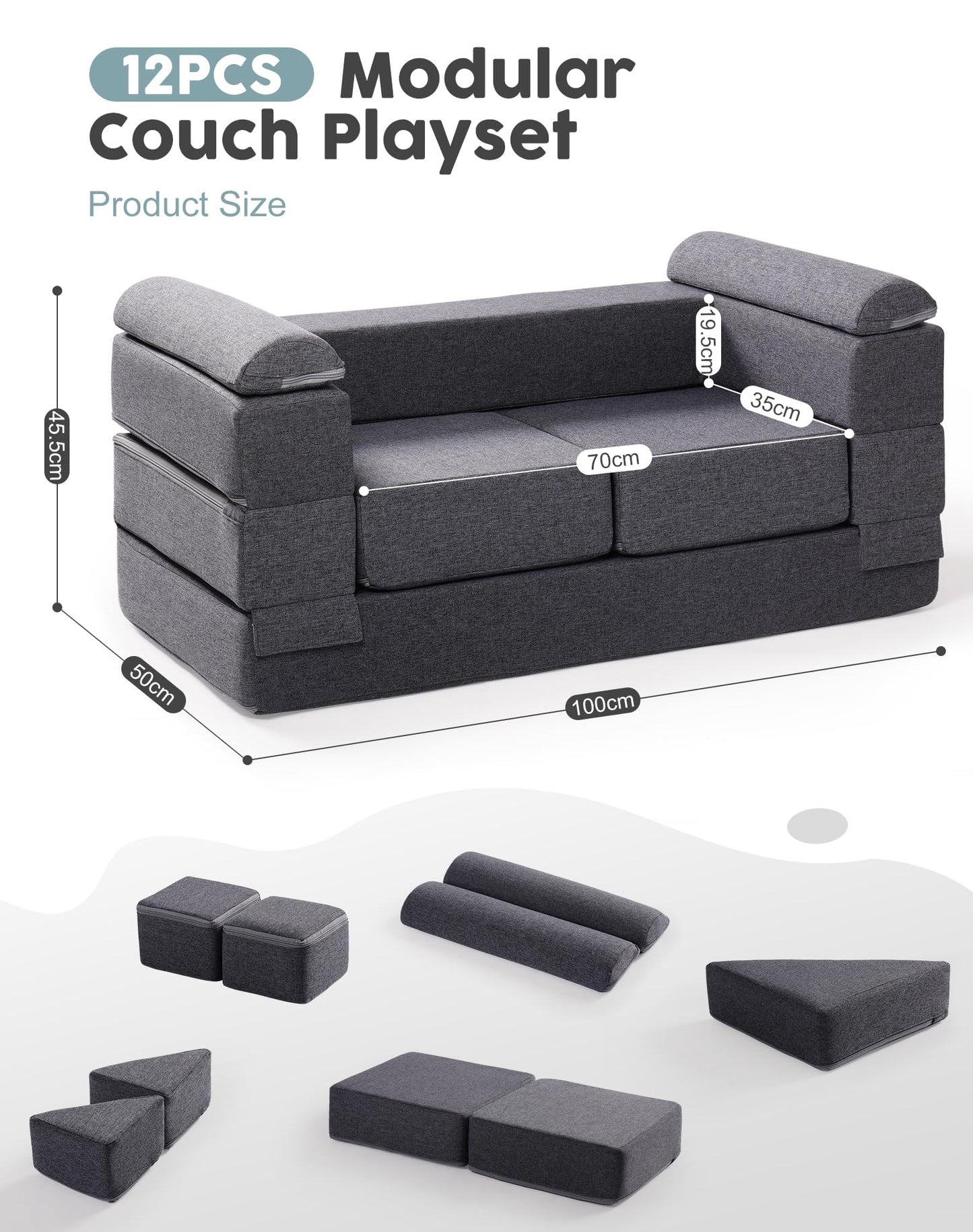 ROBUD Kids Couch, Gray Modular Kids Play Couch, DIY-Style & Washable Toddler Sofa for Playroom, Bedroom, Nursery, WG412