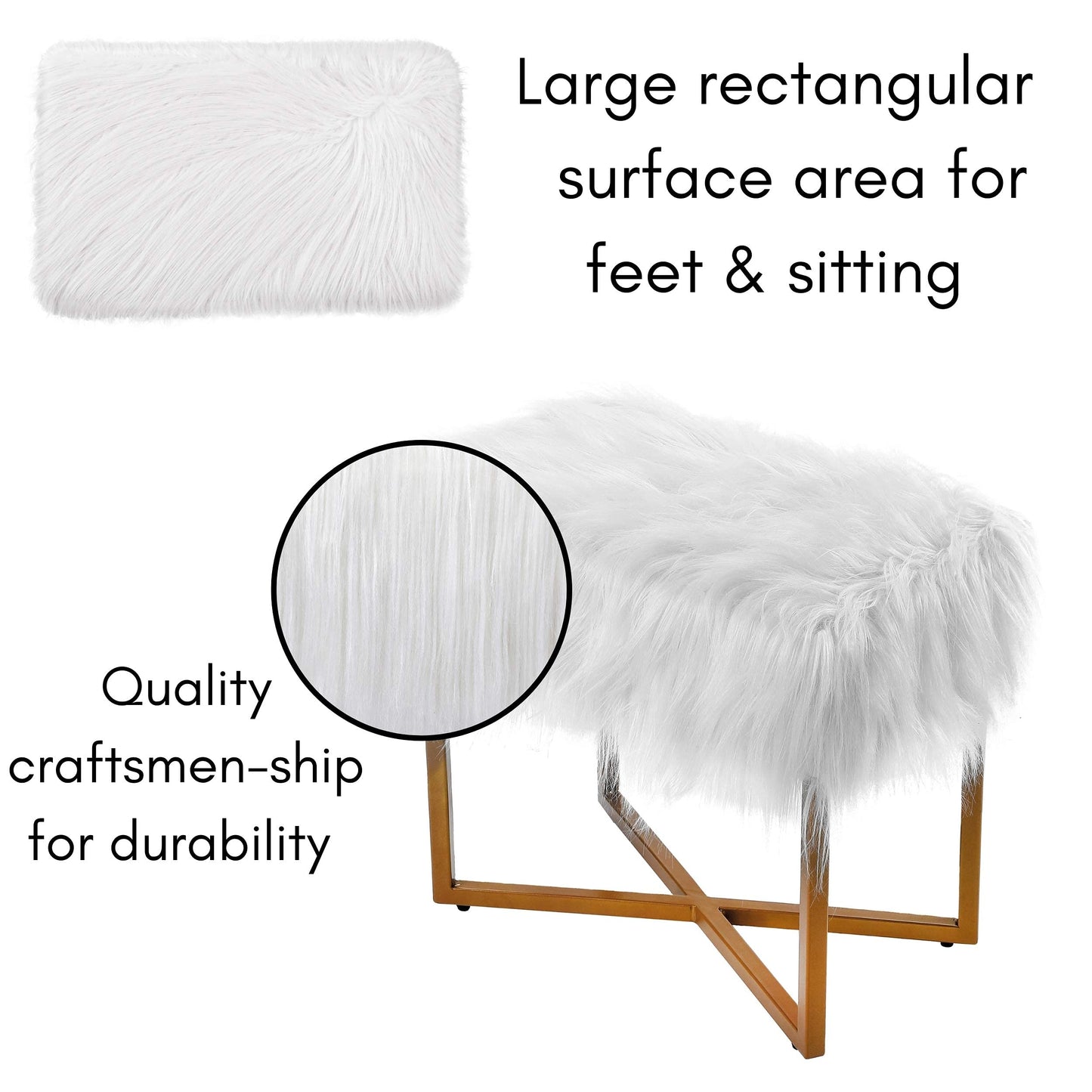 BIRDROCK HOME Rectangular Faux Fur Vanity Foot Stool Ottoman with Metal Legs - Small Soft Padded and Fluffy Makeup Seat or Foot Rest for Bedroom, Desk, or Dressing Table (White and Pale Gold)