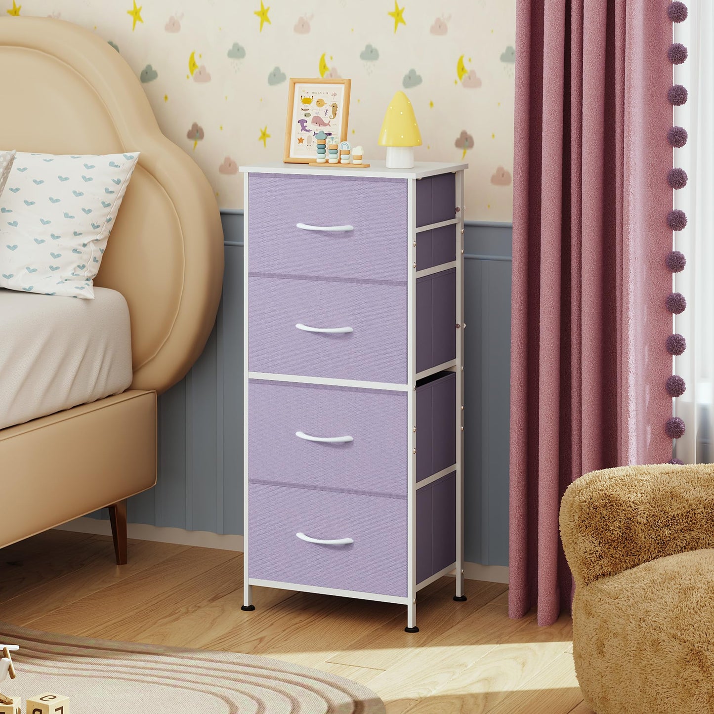WLIVE Dresser with 4 Drawers, Storage Tower, Organizer Unit, Fabric Dresser for Bedroom, Hallway, Entryway, Closets, Sturdy Steel Frame, Wood Top, Easy Pull Handle, Purple