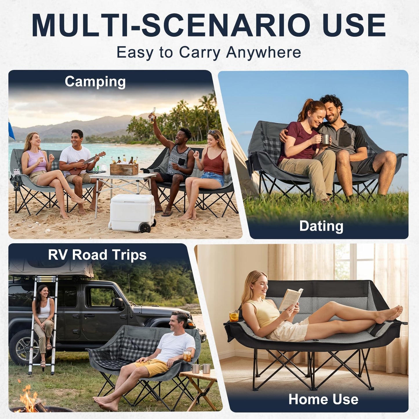 RVIEIS Double Camping Chair 2 Person Loveseat Oversized Padded Camping Couch Heavy Duty Portable Folding XL Camp Chair with Cup Holder Side Pocket for Outdoor Lawn Beach Sport Support 800LBS, Plaid