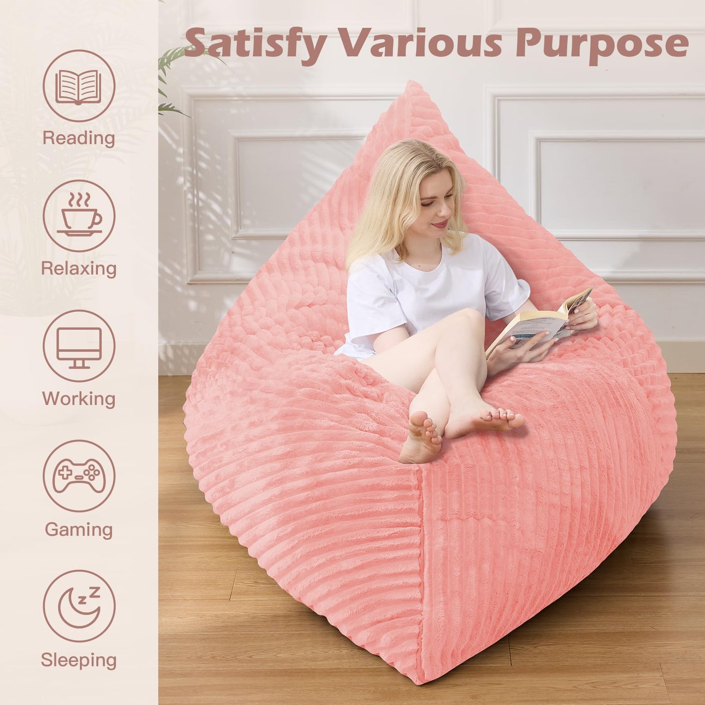 MuaMelop Bean Bag Chair, Giant Bean Bag Chair, 4 in 1 Convertible Beanbag Chairs for Adults with Removable Cover, Memory Foam Floor Cushions, Living Room, Bedroom, Pink